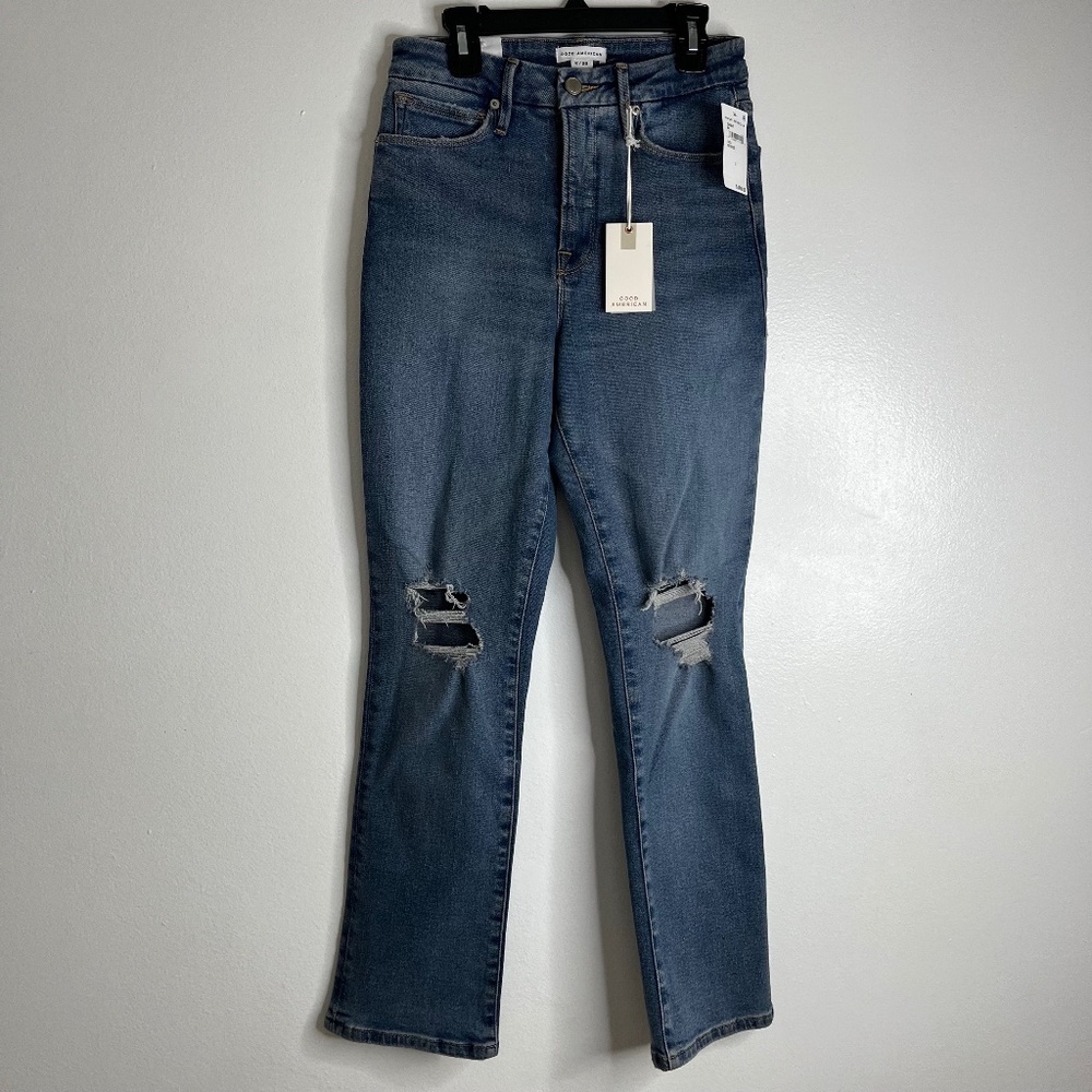 NWT Good American Sz 2/26 Blue Distressed High Rise Bootcut Stretch Jeans